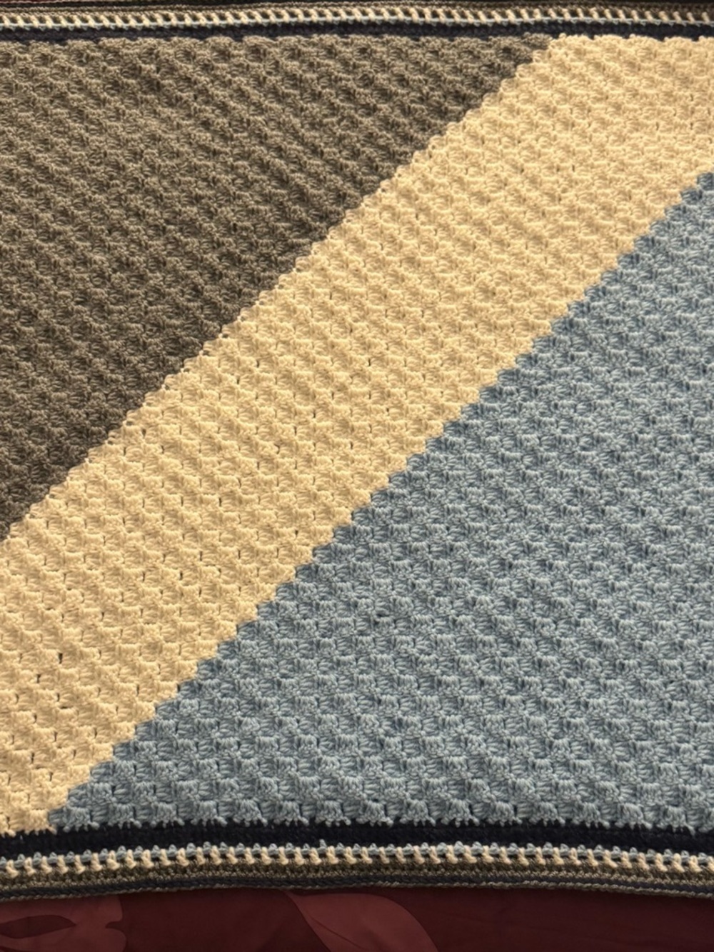 Striped Crochet Blanket Throw in Blue, White & Gray
